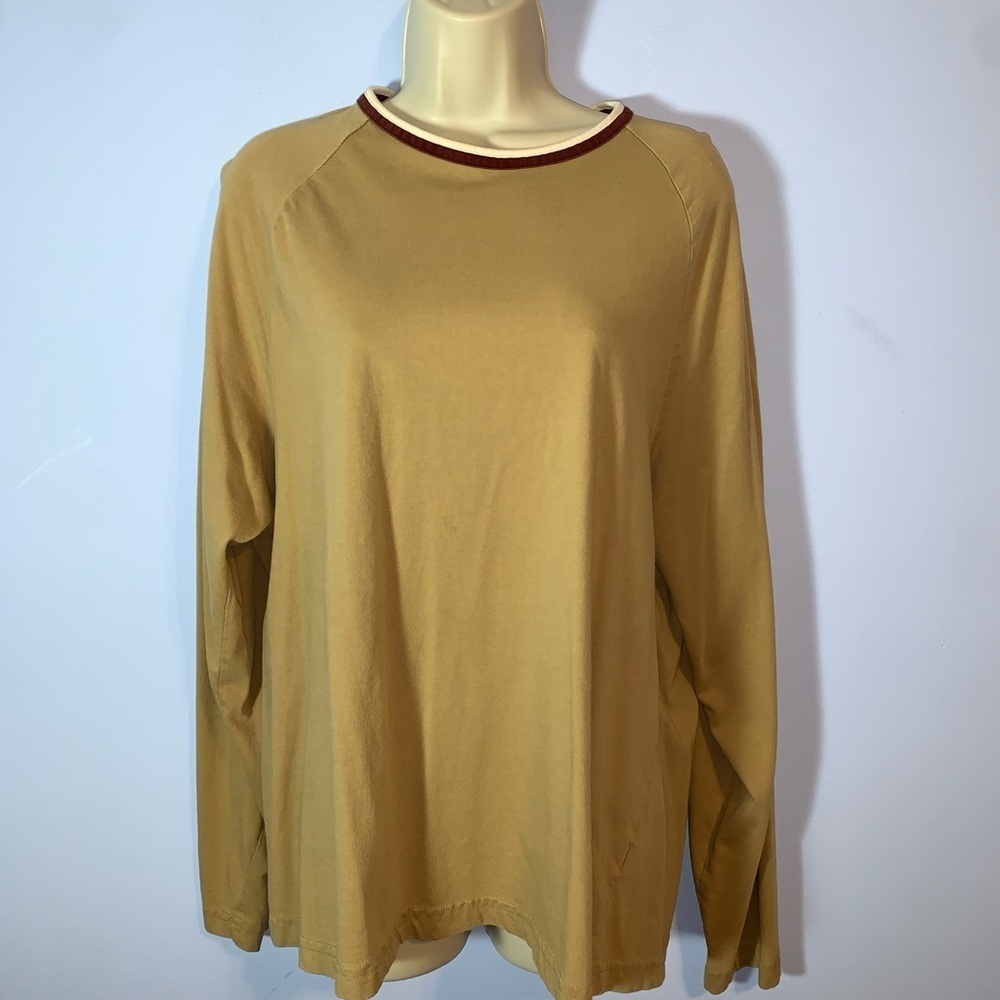 J crew Tan Long Sleeve Top with brown and cream ringer Trim large cotton
